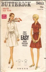 5613 BUTTERICK 1968 EASY SHORT - LONG SLEEVE SHORTER DRESS PATTERN 12 34